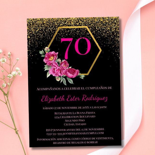 Invitación Cumpleaños 70 Español Fancy Negro Oro y Rosa (Subido por el creador)
