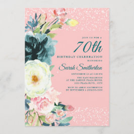 Invitación Cumpleaños 70 Floral Crema Rosa Turquesa