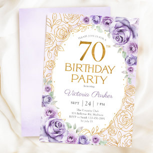 Invitación Cumpleaños 70 Floral Lila Purpura Oro