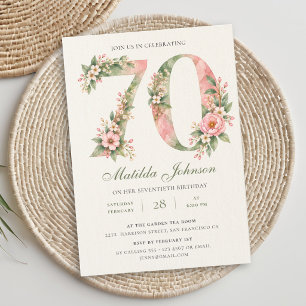 Invitación Cumpleaños 70 Floral Verde Salvia Rosa Polvo