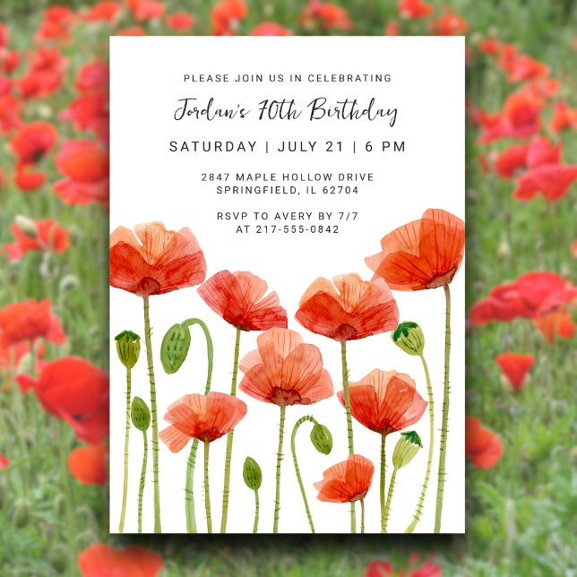 Invitación Cumpleaños 70 Flores Amapolas Acuarela Chic (Front + back poppy design for a polished look. Edit for any age too.
)