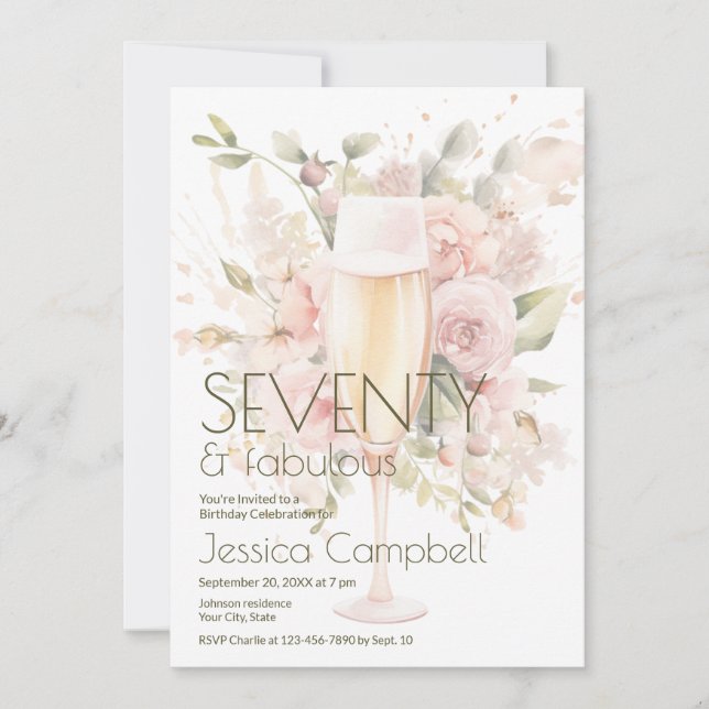 Invitación Cumpleaños 70 Flores de champán setenta y fabuloso (Anverso)
