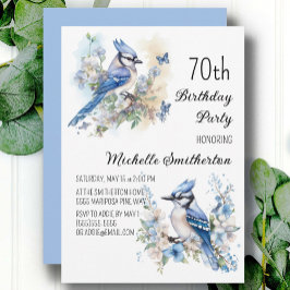 Invitación Cumpleaños 70 Flores de Pájaro Arrendajo Azul Prim