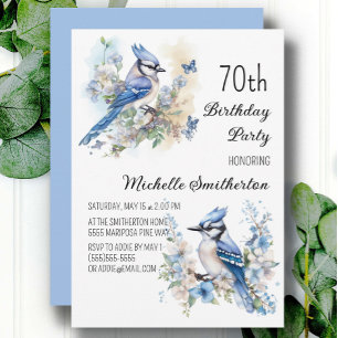 Invitación Cumpleaños 70 Flores de Pájaro Arrendajo Azul Prim