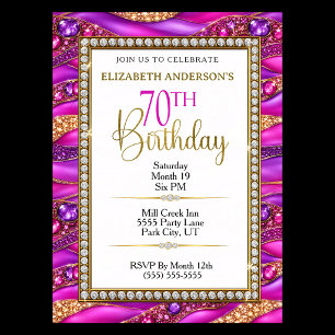 Invitación Cumpleaños 70 Glam Pink Gold Joyas Strata