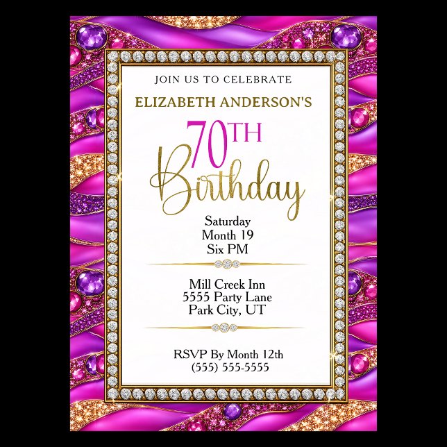 Invitación Cumpleaños 70 Glam Pink Gold Joyas Strata (Elegant pink, purple and gold jeweled 70th birthday party invitation with diamond accents.
)