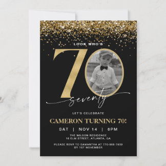 Invitación Cumpleaños 70 moderno con brillo negro y dorado