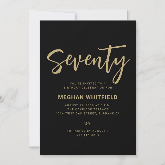 Invitación Cumpleaños 70 Moderno Dorado Negro Script Setenta (Anverso)