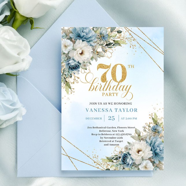 Invitación Cumpleaños 70 moderno dusty blue eucalipto dorado  (Modern dusty blue eucalyptus gold 70th birthday invite

)