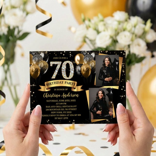 Invitación Cumpleaños 70 Moderno Globos Dorados Brillantes 2  (Subido por el creador)