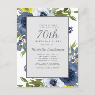 Invitación Cumpleaños 70 Navy Amarillo Blanco Floral Hojas