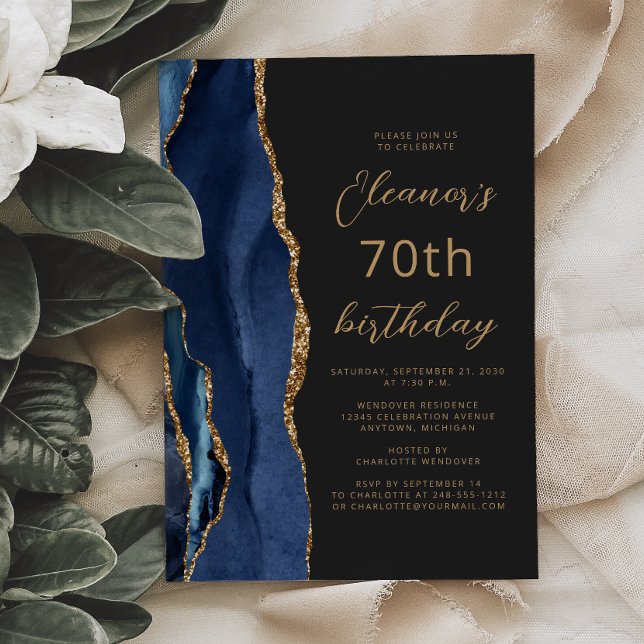 Invitación Cumpleaños 70 Navy Blue Gold Agate Slate Script (Subido por el creador)