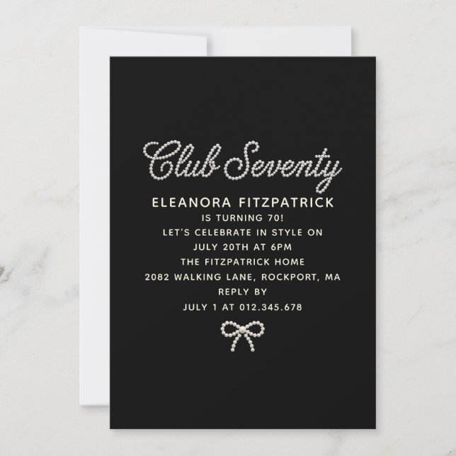 Invitación Cumpleaños 70 negro blanco perla guión lazo (Anverso)