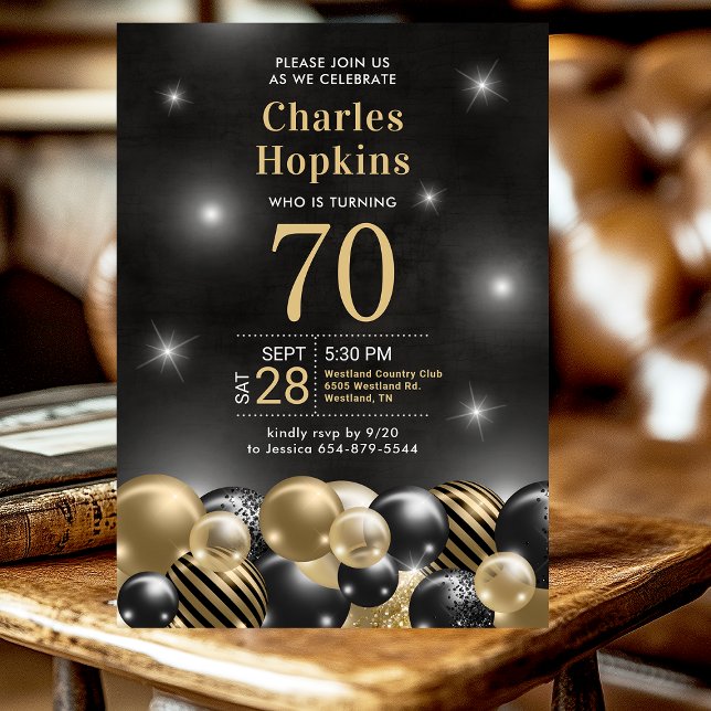 Invitación Cumpleaños 70 Negro Globos de Oro Fiesta (Subido por el creador)