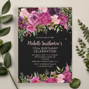 Invitación Cumpleaños 70 Negro Rosa Purpura Floral Brillante
