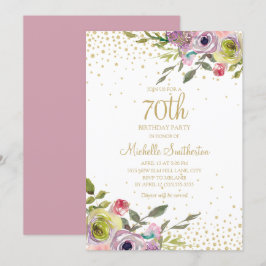 Invitación Cumpleaños 70 Pink Yellow Floral Gold Glitter