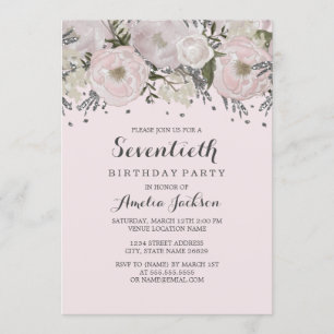 Invitación Cumpleaños 70 Pretty Blush Rosa Plateado Floral