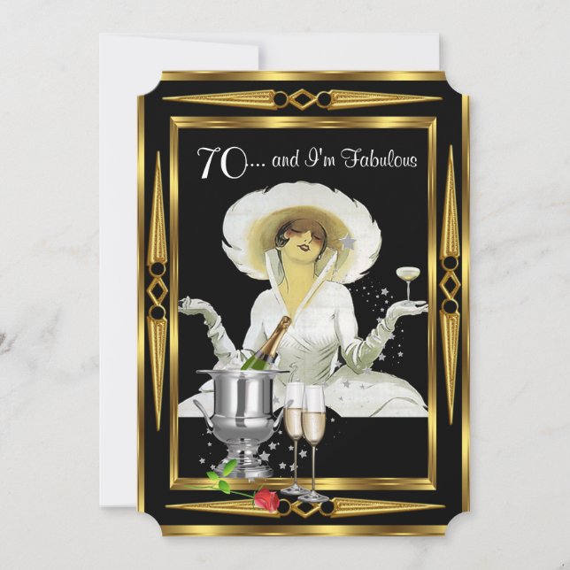 Invitación Cumpleaños 70 Retro Diva Art Deco Negro Oro (Anverso)