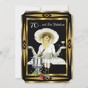 Invitación Cumpleaños 70 Retro Diva Art Deco Negro Oro