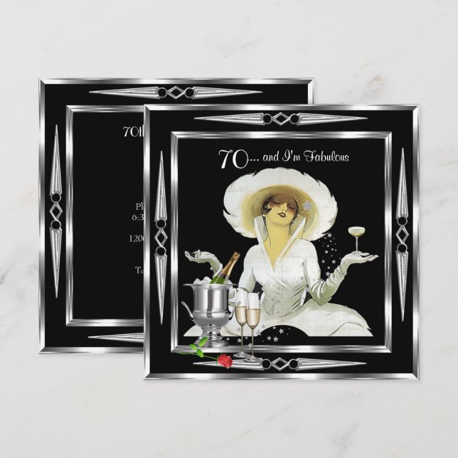 Invitación Cumpleaños 70 Retro Diva Art Deco Negro Plata 2 (Anverso / Reverso)