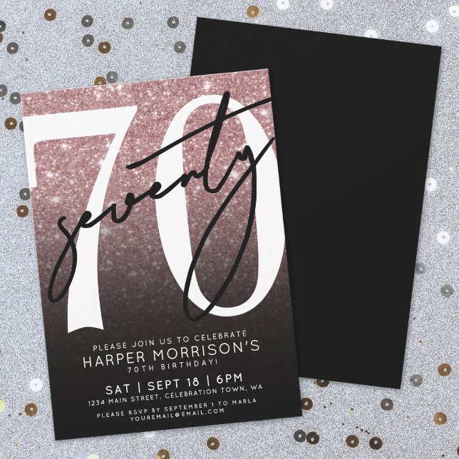 Invitación Cumpleaños 70 Rosa Dorado Brillante (Rose Gold Glitter 70th Birthday Invitation)