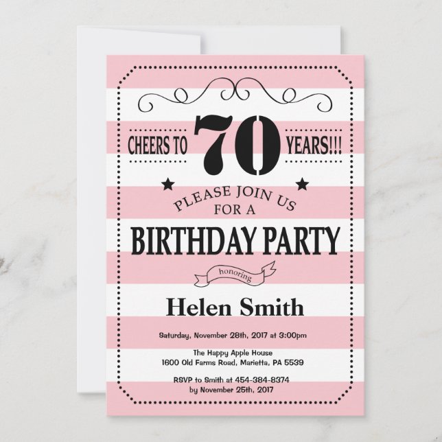 Invitación Cumpleaños 70 Rosa y Rayas Blancas (Anverso)