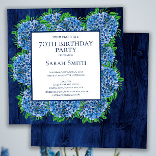Invitación Cumpleaños 70 Rústico Madera Hortensias Azules Fie