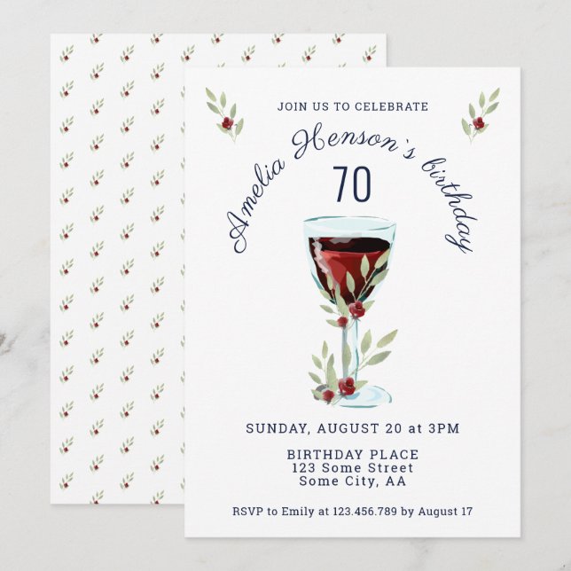 Invitación Cumpleaños 70 Rustico Rosa de Vino Rojo Acuarela (Anverso / Reverso)
