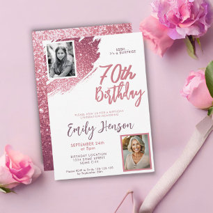 Invitación Cumpleaños 70 Sorpresa con Brillo Rosa 2 Fotos