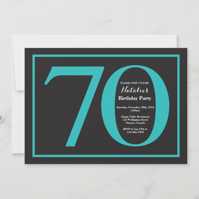 Invitación Cumpleaños 70 Teal y Pizarra Negra (Anverso)