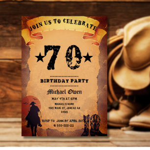 Invitación cumpleaños 70 vaquero papel viejo caballo montando