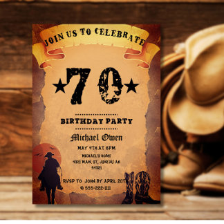 Invitación cumpleaños 70 vaquero papel viejo caballo montando