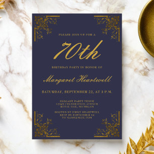 Invitación Cumpleaños 70 Vintage Azul Marino Dorado