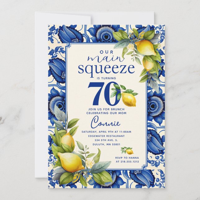 Invitación Cumpleaños 70 Vintage Azul Teja Limón Amarillo (Anverso)