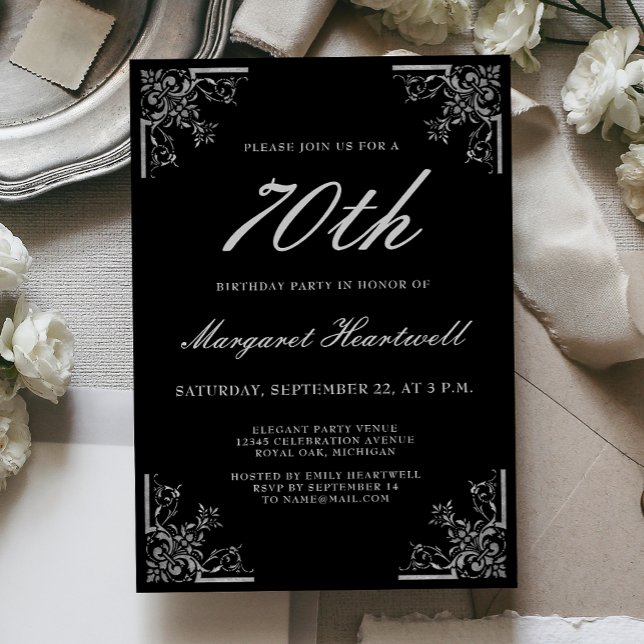 Invitación Cumpleaños 70 Vintage Negro Plata (Subido por el creador)