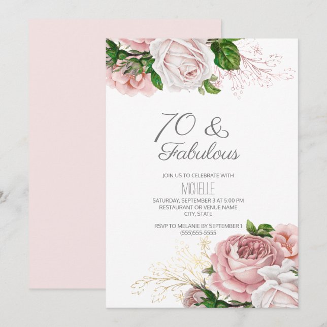 Invitación Cumpleaños 70 y Fabuloso Rosa Floral (Anverso / Reverso)