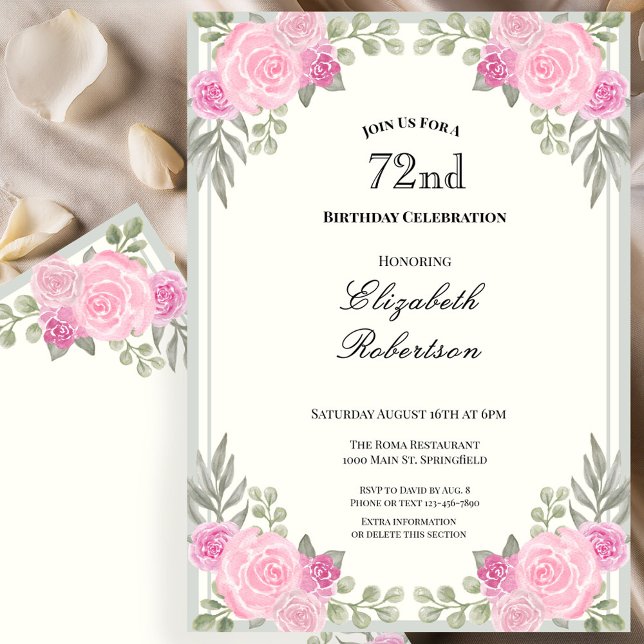 Invitación Cumpleaños 72 de flores rosadas y verde salvia (Subido por el creador)