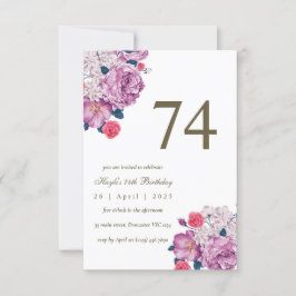 Invitación Cumpleaños 74 Botánico Floral Púrpura Simple Chic