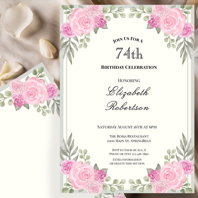 Invitación Cumpleaños 74 con flores rosadas y verde salvia (Subido por el creador)