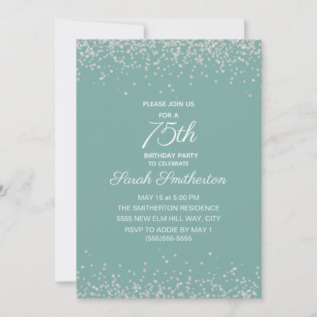 Invitación Cumpleaños 75 Aqua Mint Plata Diamante Brillo (Anverso)