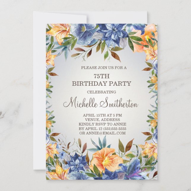 Invitación Cumpleaños 75 Azul Naranja Floral (Anverso)