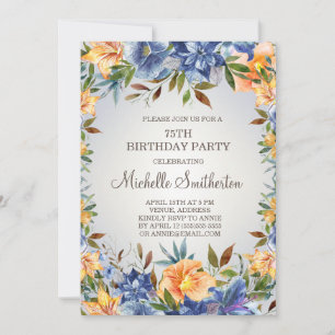 Invitación Cumpleaños 75 Azul Naranja Floral