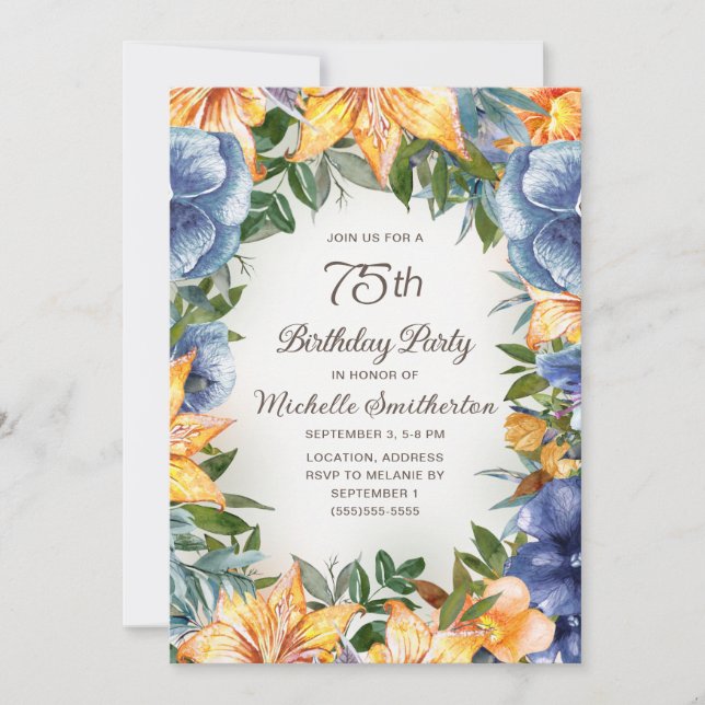Invitación Cumpleaños 75 Azul Naranja Floral (Anverso)