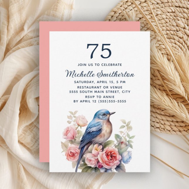 Invitación Cumpleaños 75 Blue Bird Pink Flowers (Blue bird and pink floral 75th birthday invitation)