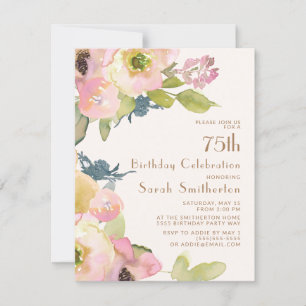 Invitación Cumpleaños 75 Blush Rosa Floral Salvia Hojas Verde