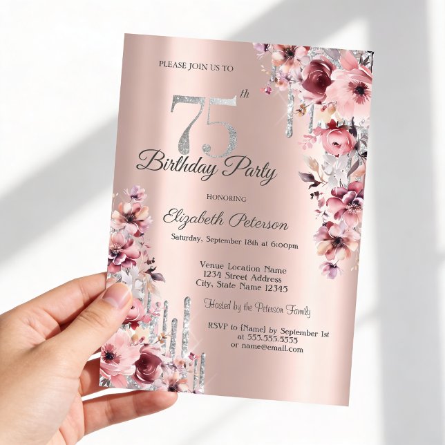 Invitación Cumpleaños 75 Brillante con Drips Rosa Dorado Flor (Subido por el creador)