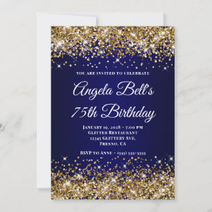 Invitación Cumpleaños 75 Brillante Oro Azul Marino Ombre