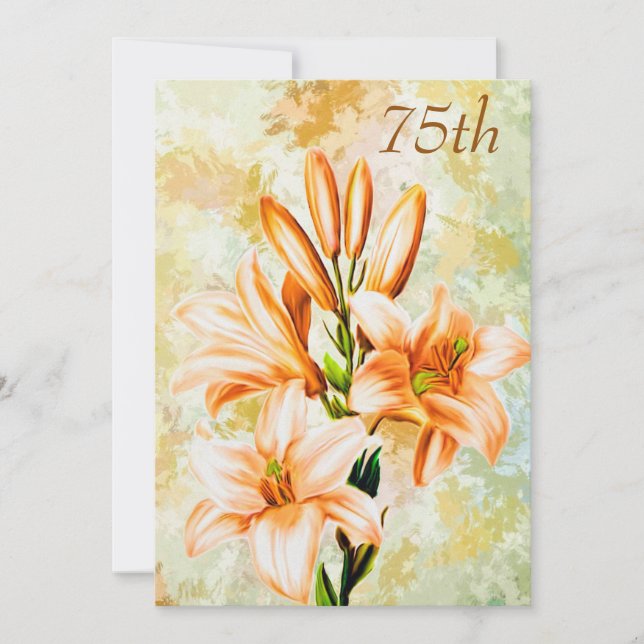 Invitación Cumpleaños 75 Chic Melocotón y Lirios Blancos (Anverso)