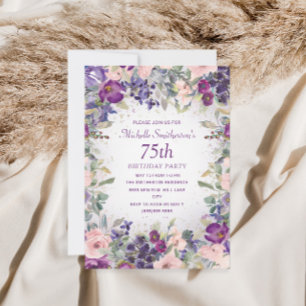 Invitación Cumpleaños 75 con Flores de Follaje Rosado Púrpura