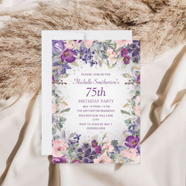 Invitación Cumpleaños 75 con Flores de Follaje Rosado Púrpura (Subido por el creador)